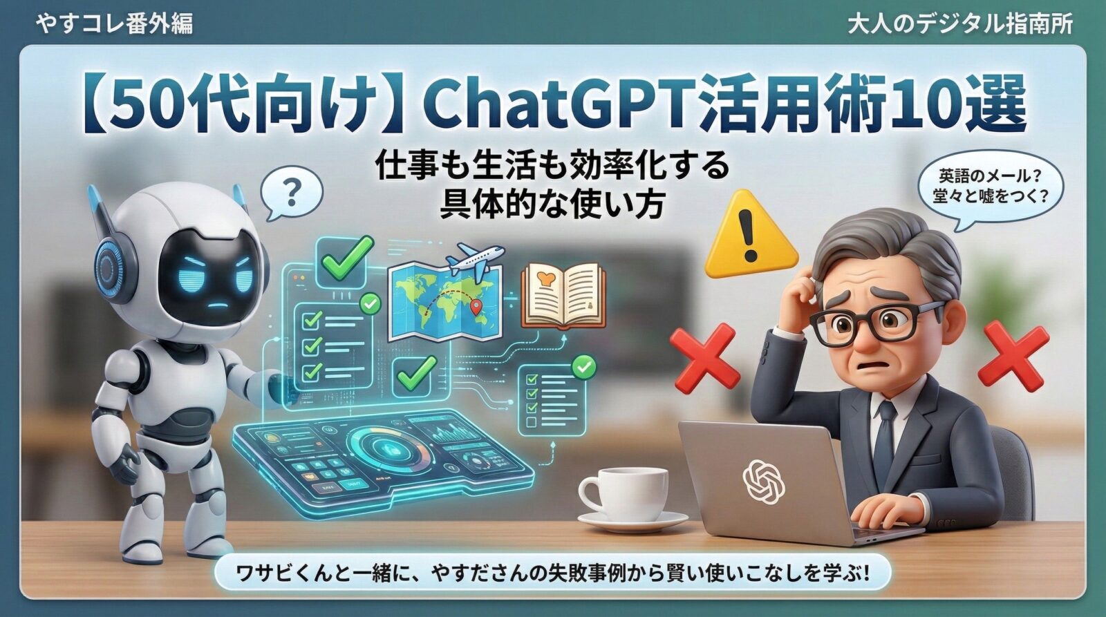 【50代向け】ChatGPT活用術10選」のアイキャッチ画像。AIロボットのワサビくんが、困惑する50代サラリーマンのやすださんの失敗例をもとに解説する3Dイラスト。