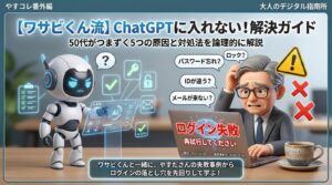 ChatGPTの始め方完全ガイドのアイキャッチ画像。ログインできずに困る50代初心者のやすださんに、AIロボットのワサビくんが冷静に解決策を教えている3Dイラスト。