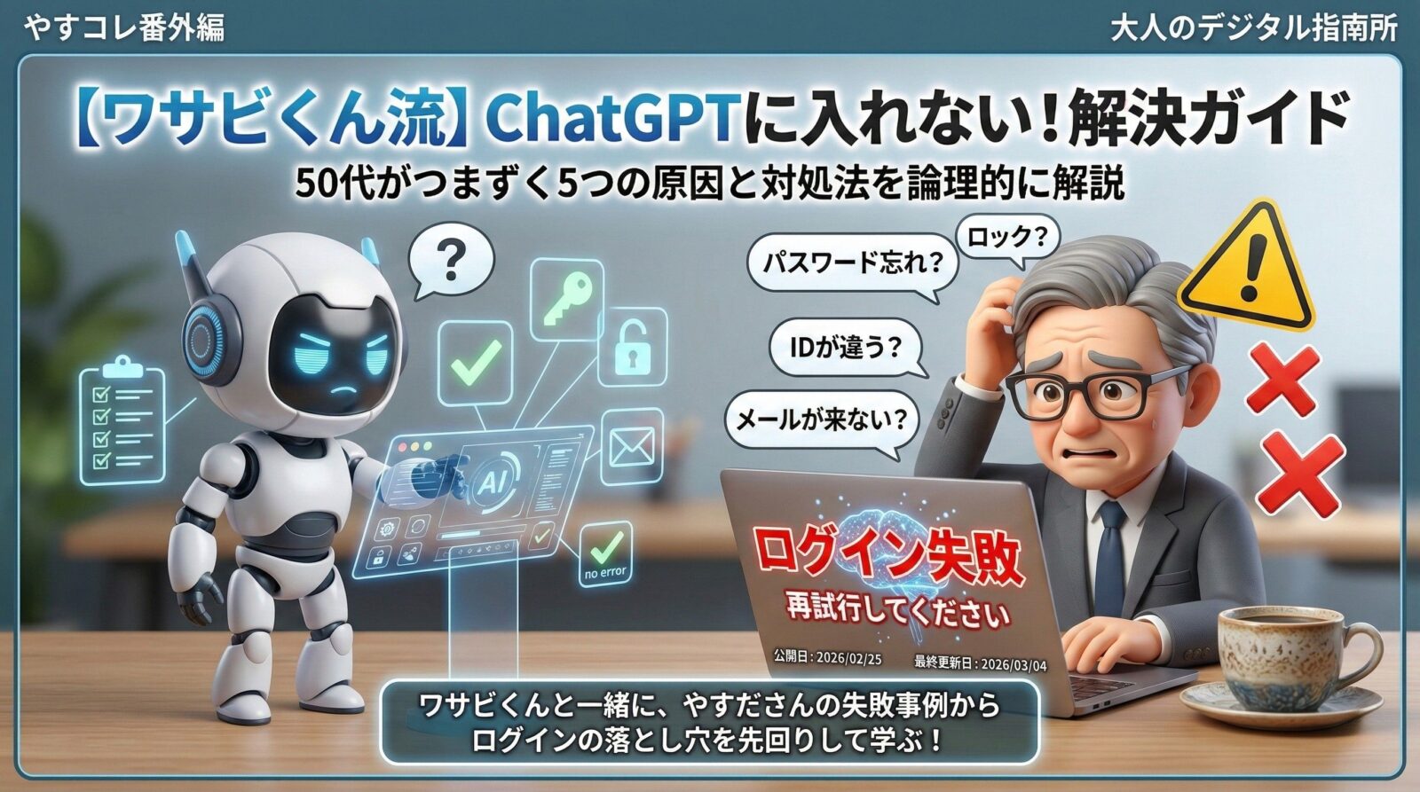 ChatGPTの始め方完全ガイドのアイキャッチ画像。ログインできずに困る50代初心者のやすださんに、AIロボットのワサビくんが冷静に解決策を教えている3Dイラスト。