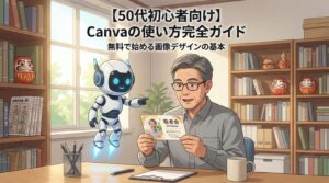 【50代初心者向け】Canvaの使い方完全ガイドのアイキャッチ画像。アニメ調の室内で、50代の男性「やすだ」が完成した敬老会の案内ハガキを満足そうに眺め、浮遊するAIロボット「ワサビ」が横でガイドしている様子。