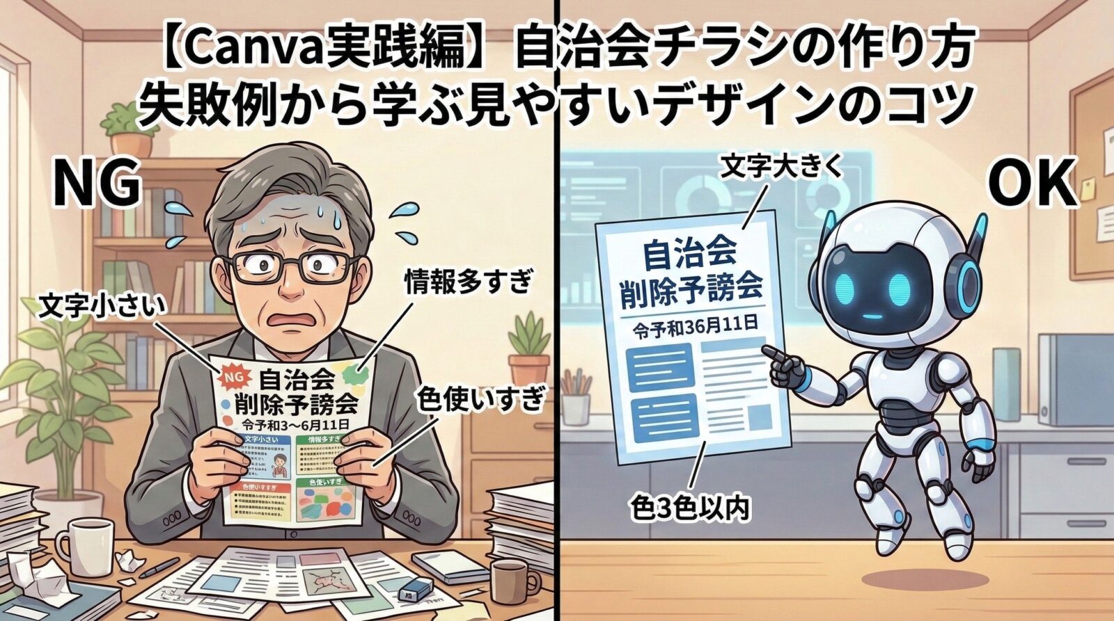 自治会チラシの作り方を解説するアニメ風の分割画面。左側は情報を詰め込みすぎた「NG例」に困る50代男性、右側はスッキリ整理された「OK例」を指さすロボットの姿。上部には「失敗例から学ぶ見やすいデザインのコツ」のタイトル文字。