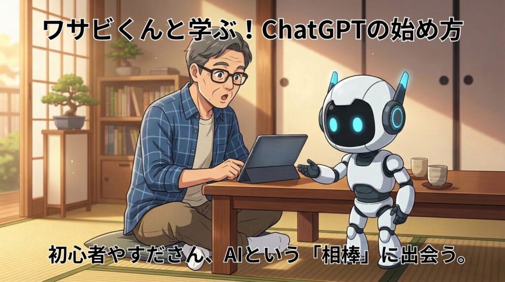 ChatGPTの始め方完全ガイドのアイキャッチ画像。AIロボットのワサビくんが、50代初心者のやすださんの失敗例をもとに解説するイラスト。