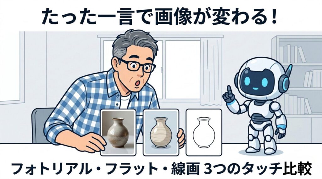 AI画像生成、「一言」添えるだけで雰囲気がガラッと変わる｜3つのタッチを実例で比較した記事のアイキャッチ画像